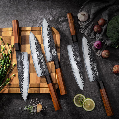 Japanese Knife Set with Block, Kitchen Knives Gift for Men & Women | Hand Forged 5-Layer 9CR18MOV Clad Steel Chef Knives with Rosewood Handles, Includes Chef, Santoku, Nakiri and Paring Knife
