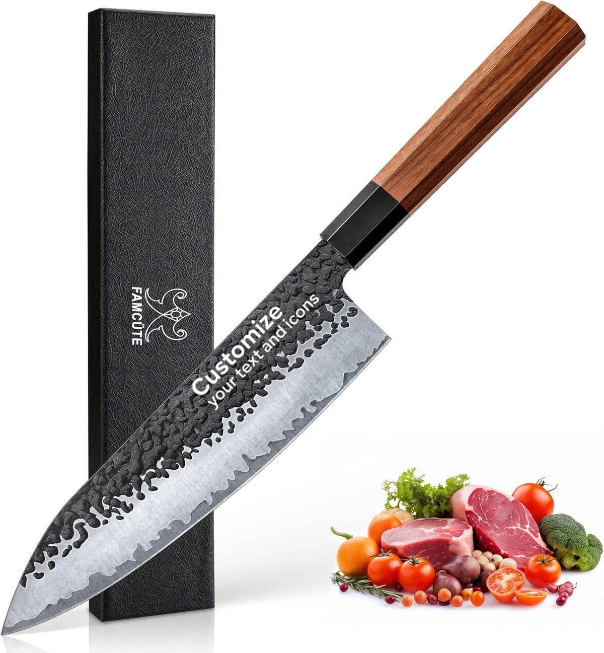 Japanese Knife Set with Block, Kitchen Knives Gift for Men & Women | Hand Forged 5-Layer 9CR18MOV Clad Steel Chef Knives with Rosewood Handles, Includes Chef, Santoku, Nakiri and Paring Knife