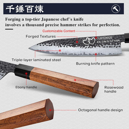 Japanese Knife Set with Block, Kitchen Knives Gift for Men & Women | Hand Forged 5-Layer 9CR18MOV Clad Steel Chef Knives with Rosewood Handles, Includes Chef, Santoku, Nakiri and Paring Knife