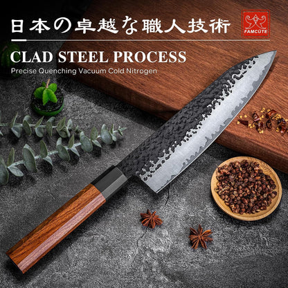 Japanese Knife Set with Block, Kitchen Knives Gift for Men & Women | Hand Forged 5-Layer 9CR18MOV Clad Steel Chef Knives with Rosewood Handles, Includes Chef, Santoku, Nakiri and Paring Knife