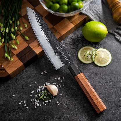 Japanese Knife Set with Block, Kitchen Knives Gift for Men & Women | Hand Forged 5-Layer 9CR18MOV Clad Steel Chef Knives with Rosewood Handles, Includes Chef, Santoku, Nakiri and Paring Knife