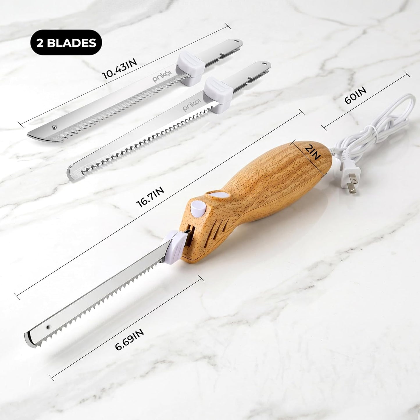 Electric Knife for Meat Slicing, for Homemade Bread, 2 Blades | Electric Carving Knife - Serrated Blades for Meat, Bread, Turkey, Ribs, Fillet, DIY, Ergonomic Handle for Raw & Cooked Food