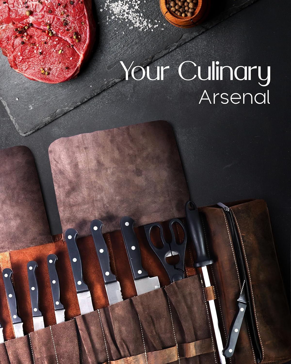 Leather Knife Roll Bag for Chefs Large - Professional Bag for Men and Women | Carrying Case with 14 Slots | Gifts for Him | Travel Accessories for Christmas and Thanksgiving