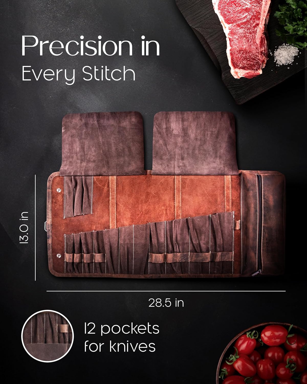 Leather Knife Roll Bag for Chefs Large - Professional Bag for Men and Women | Carrying Case with 14 Slots | Gifts for Him | Travel Accessories for Christmas and Thanksgiving