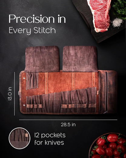 Leather Knife Roll Bag for Chefs Large - Professional Bag for Men and Women | Carrying Case with 14 Slots | Gifts for Him | Travel Accessories for Christmas and Thanksgiving