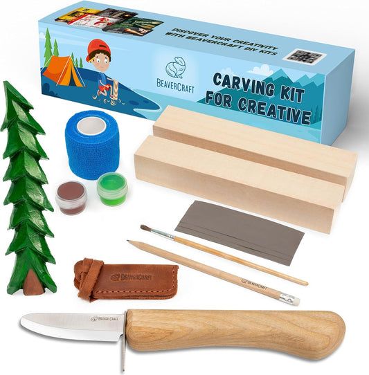 Wood Carving Kit for Kids & Beginner DIY08 - Wood Whittling Kit for Kids 14+ Woodworking Starter Hobby Kits for Boys Wood Crafts Projects DIY Gifts, Carving Set Whittling Knife & Basswood
