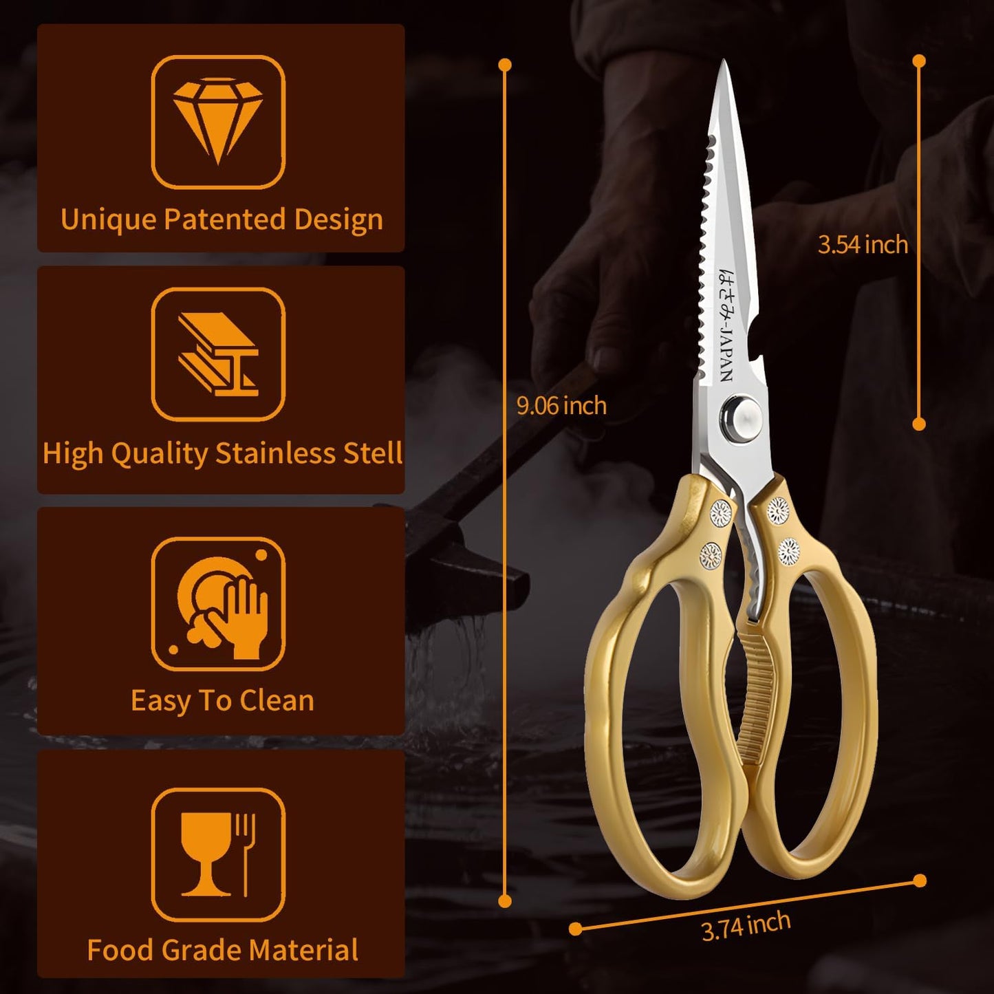 Kitchen Scissors, Multi-Purpose Japanese Kitchen Shears, Heavy Duty Dishwasher Safe Food Scissors for Meat, Chicken, Poultry, Fish & Herbs with Non-Slip Grips - Sliver