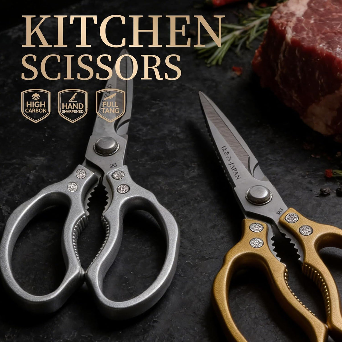 Kitchen Scissors, Multi-Purpose Japanese Kitchen Shears, Heavy Duty Dishwasher Safe Food Scissors for Meat, Chicken, Poultry, Fish & Herbs with Non-Slip Grips - Sliver