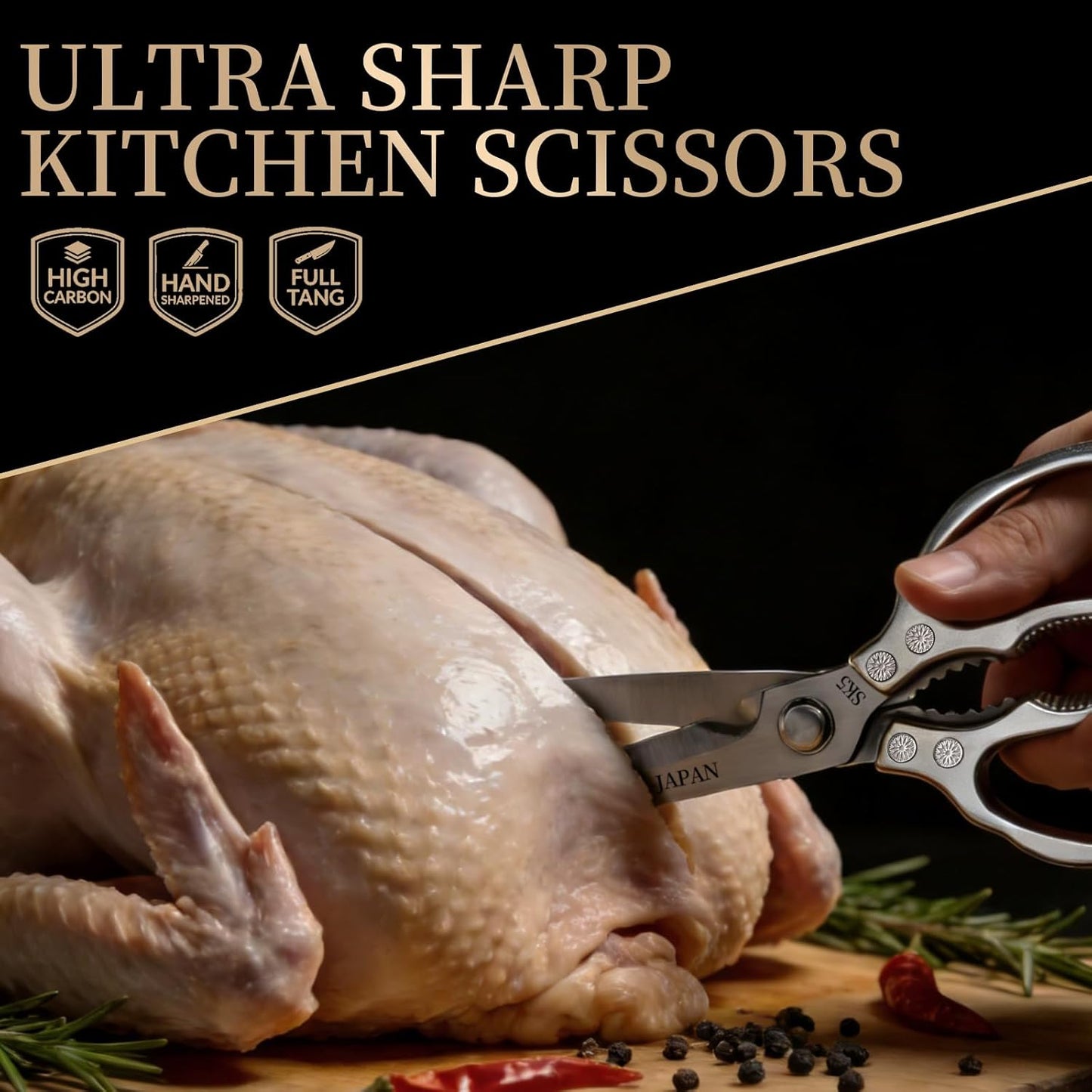 Kitchen Scissors, Multi-Purpose Japanese Kitchen Shears, Heavy Duty Dishwasher Safe Food Scissors for Meat, Chicken, Poultry, Fish & Herbs with Non-Slip Grips - Sliver