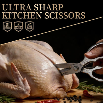 Kitchen Scissors, Multi-Purpose Japanese Kitchen Shears, Heavy Duty Dishwasher Safe Food Scissors for Meat, Chicken, Poultry, Fish & Herbs with Non-Slip Grips - Sliver