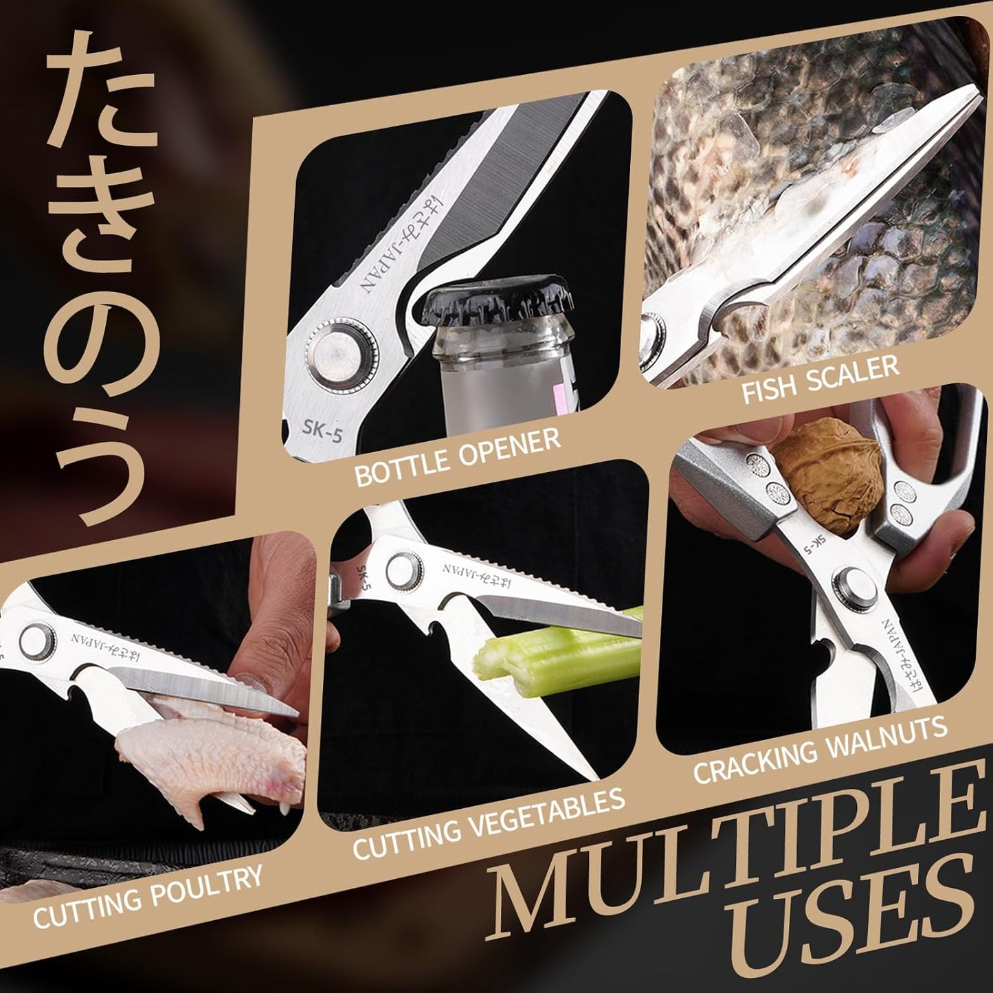 Kitchen Scissors, Multi-Purpose Japanese Kitchen Shears, Heavy Duty Dishwasher Safe Food Scissors for Meat, Chicken, Poultry, Fish & Herbs with Non-Slip Grips - Sliver