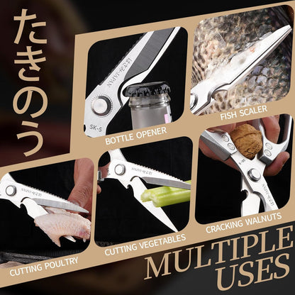 Kitchen Scissors, Multi-Purpose Japanese Kitchen Shears, Heavy Duty Dishwasher Safe Food Scissors for Meat, Chicken, Poultry, Fish & Herbs with Non-Slip Grips - Sliver
