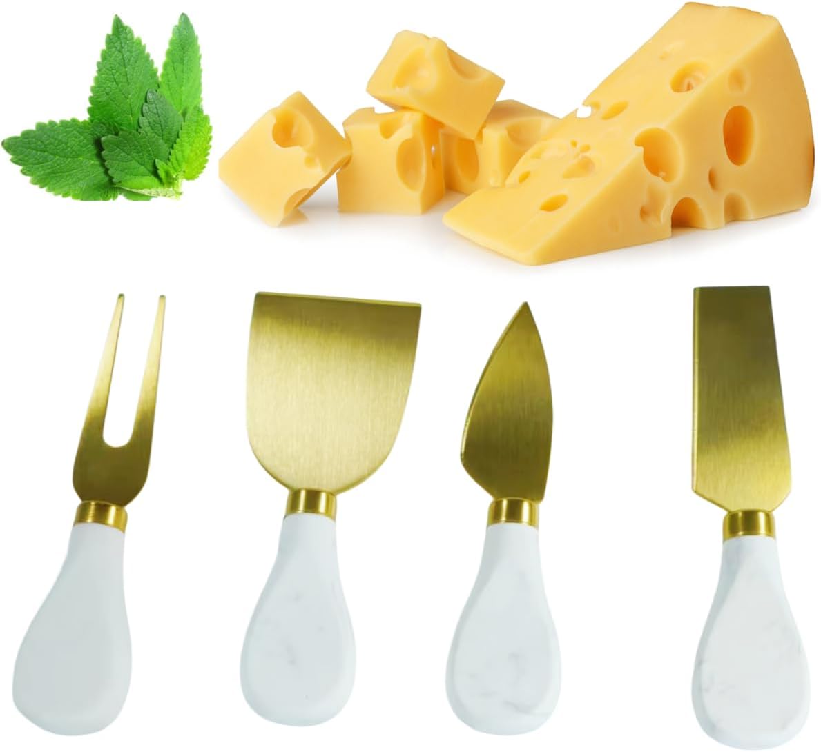 Marble Cheese Knife Set of 4 Gold and White Charcuterie Accessories, Heavy Marble Handle Butter Spatula Sandwich Cream Knives Cheese Spreader Cutter,Housewarming Gift