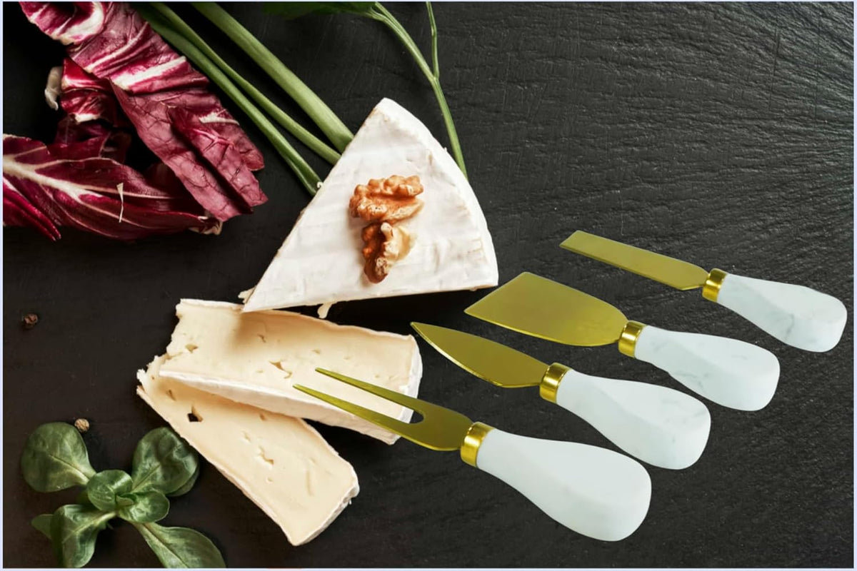 Marble Cheese Knife Set of 4 Gold and White Charcuterie Accessories, Heavy Marble Handle Butter Spatula Sandwich Cream Knives Cheese Spreader Cutter,Housewarming Gift