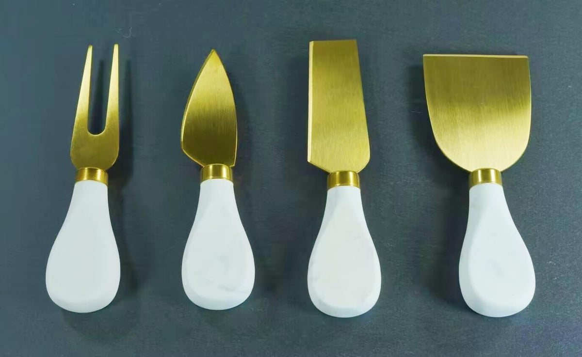Marble Cheese Knife Set of 4 Gold and White Charcuterie Accessories, Heavy Marble Handle Butter Spatula Sandwich Cream Knives Cheese Spreader Cutter,Housewarming Gift