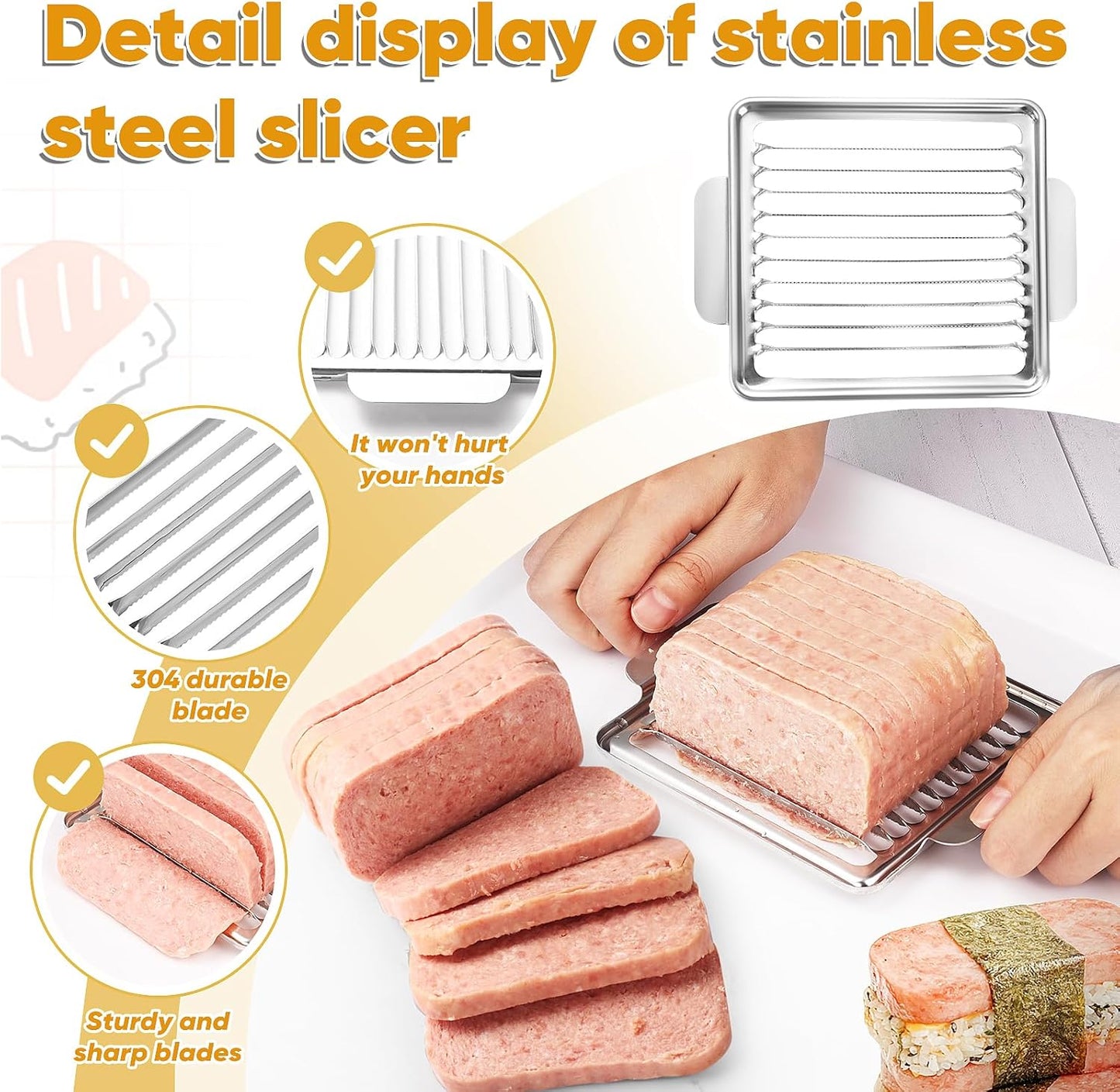 Luncheon Meat Slicer, 304 Stainless Steel Cutter for SPAM, 10 Slices，Solid and Durable