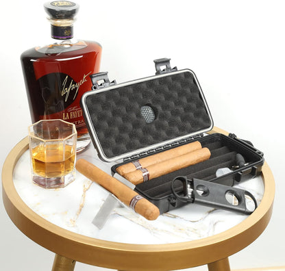 Travel Humidor Box With Cigar Accessories - Spanish Cedar, Humidifier, Cutter, Stand, Punch - Holds 4-5 Cigars - Waterproof, Crushproof, Airtight Seal