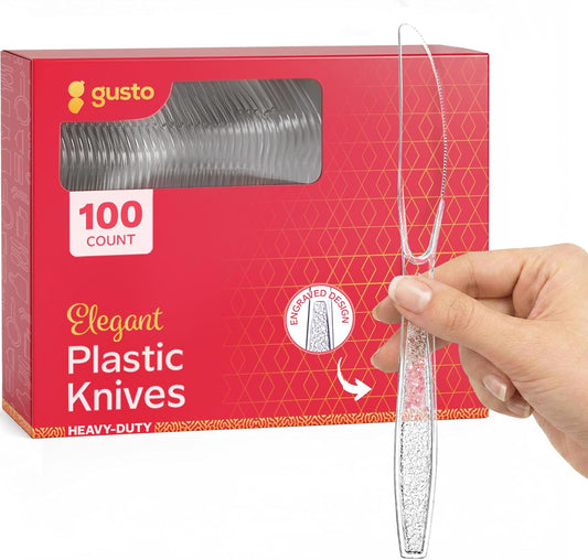 [100 Pack Clear Plastic Knives Heavy Duty with Engraved Design - Disposable, Sturdy for Parties, Weddings, and Events-(Formerly Comfy Package)
