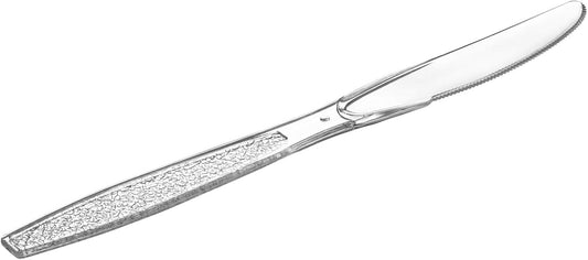 [100 Pack Clear Plastic Knives Heavy Duty with Engraved Design - Disposable, Sturdy for Parties, Weddings, and Events-(Formerly Comfy Package)