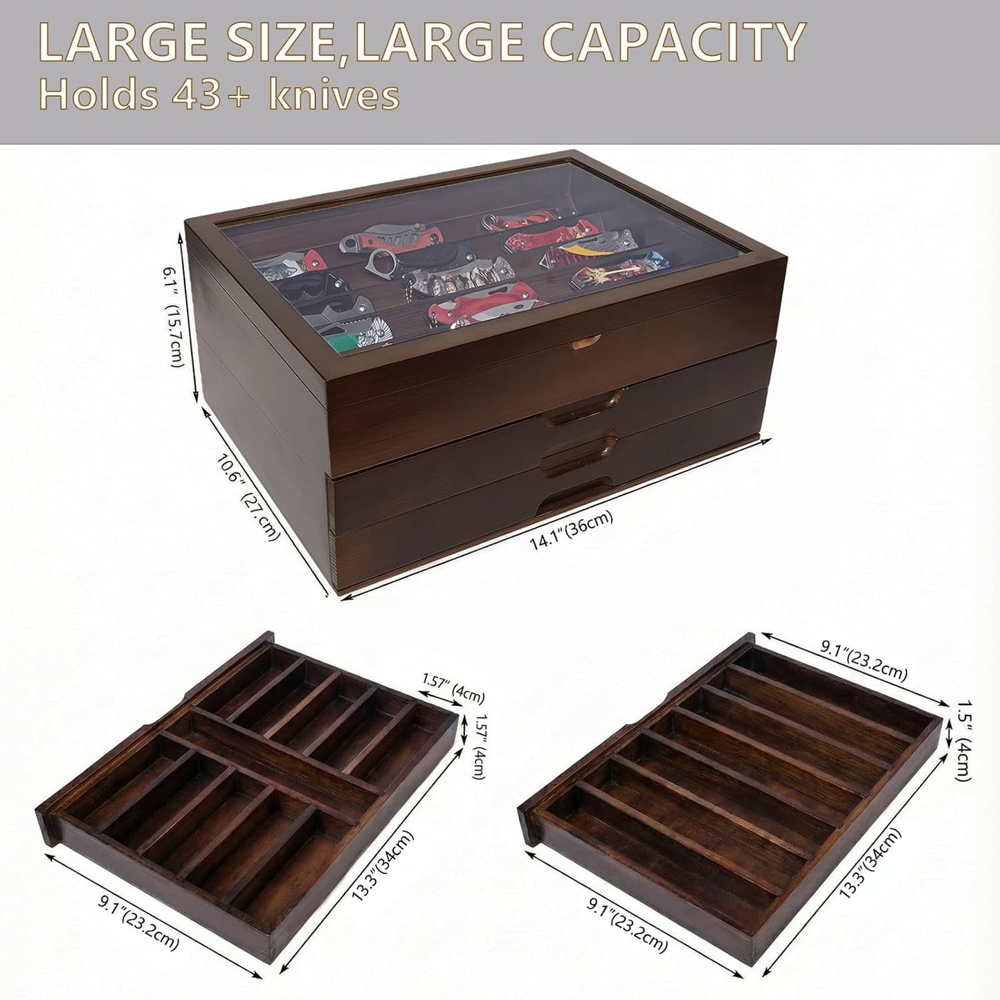 Knife Display Case Holds 43+ Knives,Large 3-Tier Wooden Organizer with Glass Top and Drawer,Gift for Men,Walnut,AHK-072