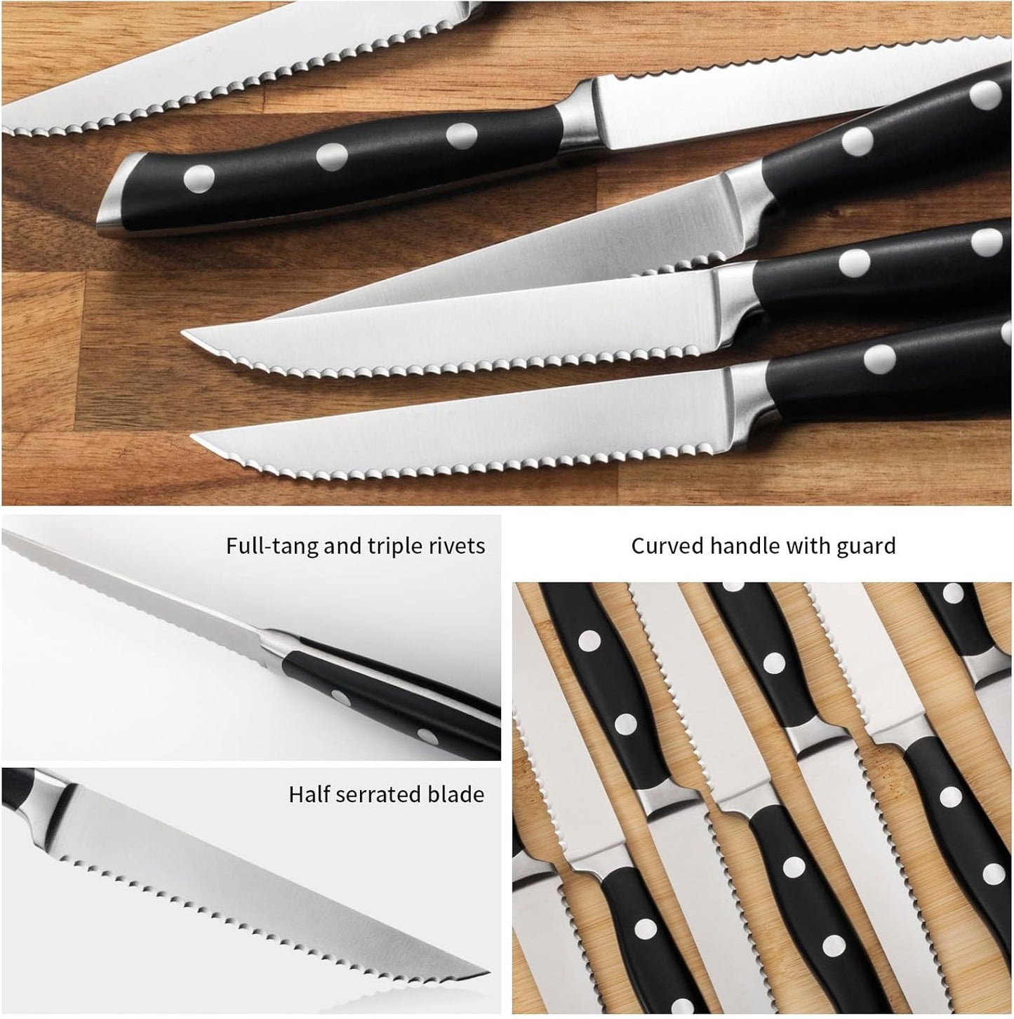 6-Piece Steak Knives Set with Block, 4.7 Inch with Serrated Edge Razor-Sharp Dinner Knives, Full-Tang Construction