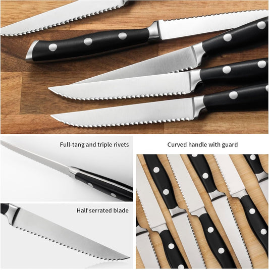 6-Piece Steak Knives Set with Block, 4.7 Inch with Serrated Edge Razor-Sharp Dinner Knives, Full-Tang Construction