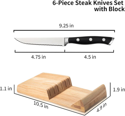 6-Piece Steak Knives Set with Block, 4.7 Inch with Serrated Edge Razor-Sharp Dinner Knives, Full-Tang Construction
