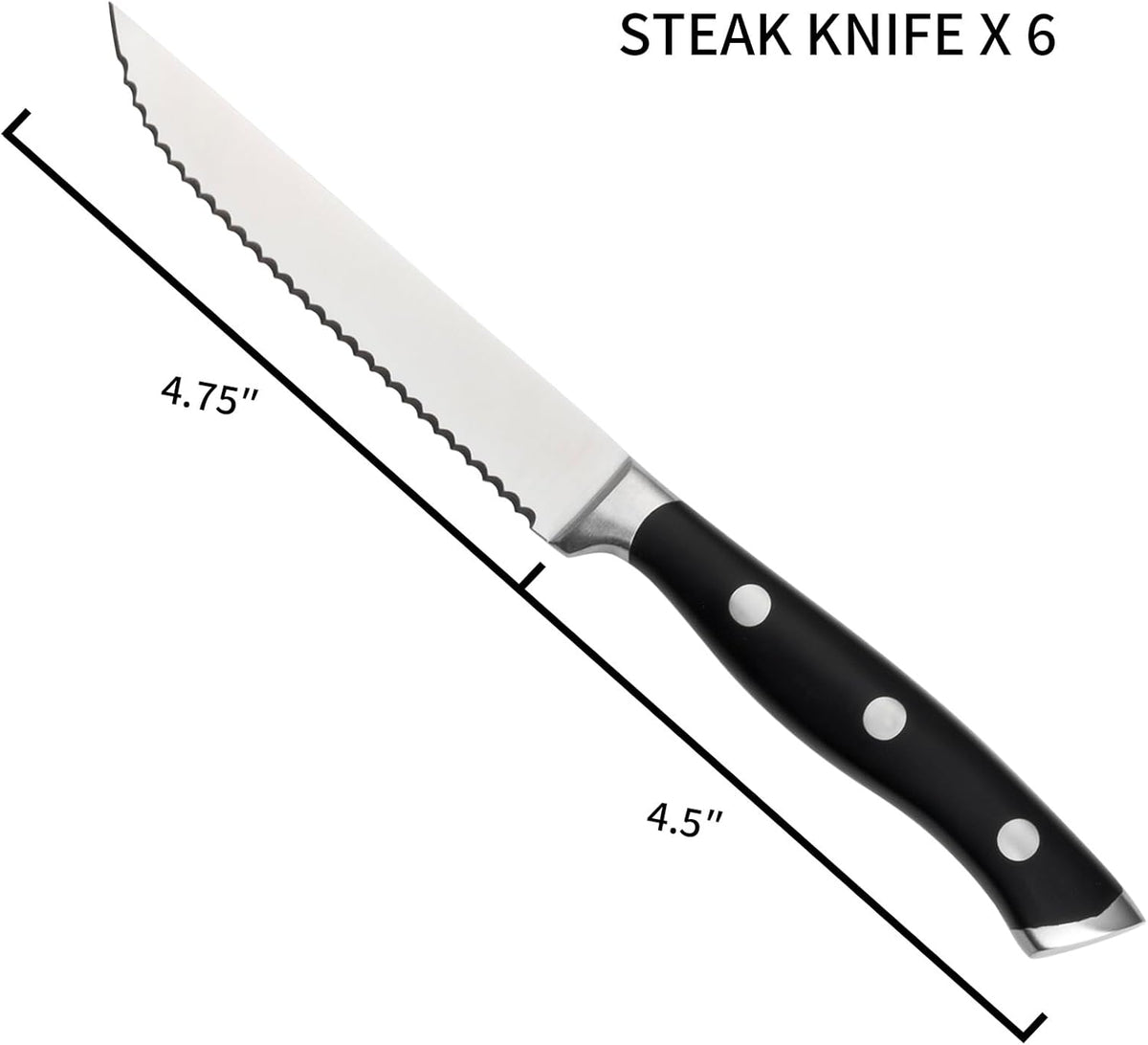 6-Piece Steak Knives Set with Block, 4.7 Inch with Serrated Edge Razor-Sharp Dinner Knives, Full-Tang Construction