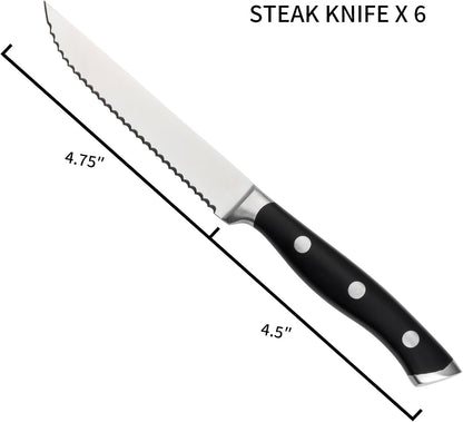 6-Piece Steak Knives Set with Block, 4.7 Inch with Serrated Edge Razor-Sharp Dinner Knives, Full-Tang Construction