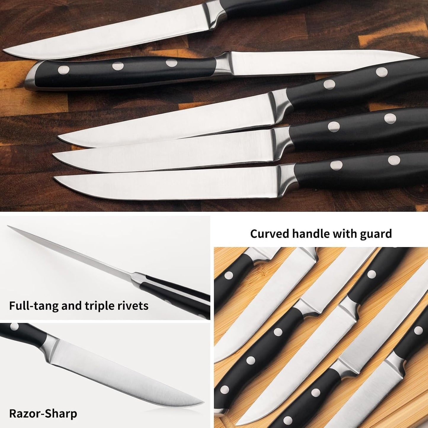 6-Piece Steak Knives Set with Block, 4.7 Inch with Serrated Edge Razor-Sharp Dinner Knives, Full-Tang Construction