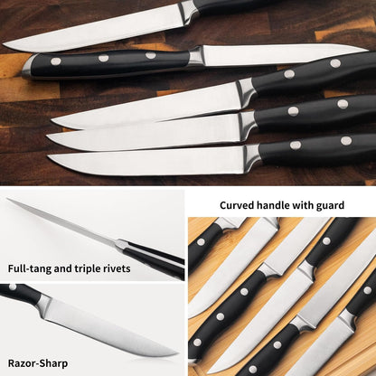 6-Piece Steak Knives Set with Block, 4.7 Inch with Serrated Edge Razor-Sharp Dinner Knives, Full-Tang Construction