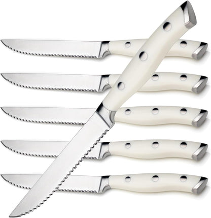 6-Piece Steak Knives Set with Block, 4.7 Inch with Serrated Edge Razor-Sharp Dinner Knives, Full-Tang Construction