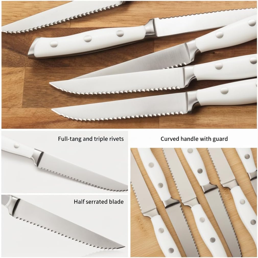 6-Piece Steak Knives Set with Block, 4.7 Inch with Serrated Edge Razor-Sharp Dinner Knives, Full-Tang Construction