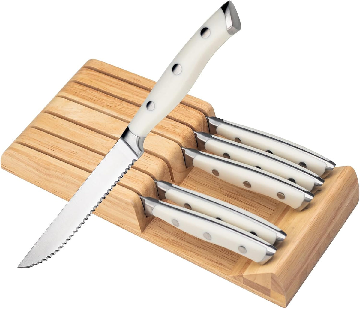 6-Piece Steak Knives Set with Block, 4.7 Inch with Serrated Edge Razor-Sharp Dinner Knives, Full-Tang Construction