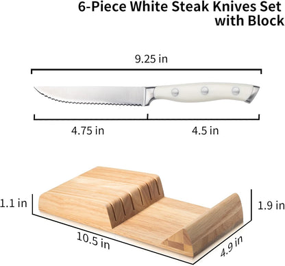 6-Piece Steak Knives Set with Block, 4.7 Inch with Serrated Edge Razor-Sharp Dinner Knives, Full-Tang Construction