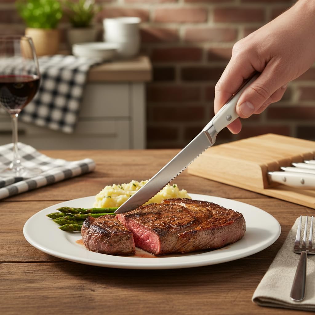 6-Piece Steak Knives Set with Block, 4.7 Inch with Serrated Edge Razor-Sharp Dinner Knives, Full-Tang Construction