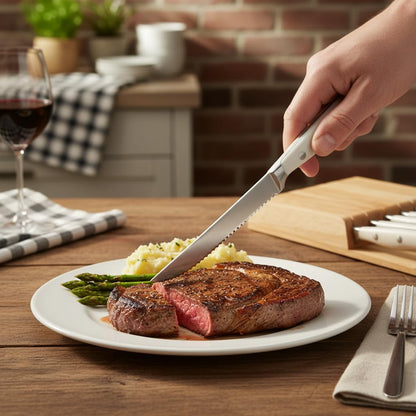 6-Piece Steak Knives Set with Block, 4.7 Inch with Serrated Edge Razor-Sharp Dinner Knives, Full-Tang Construction