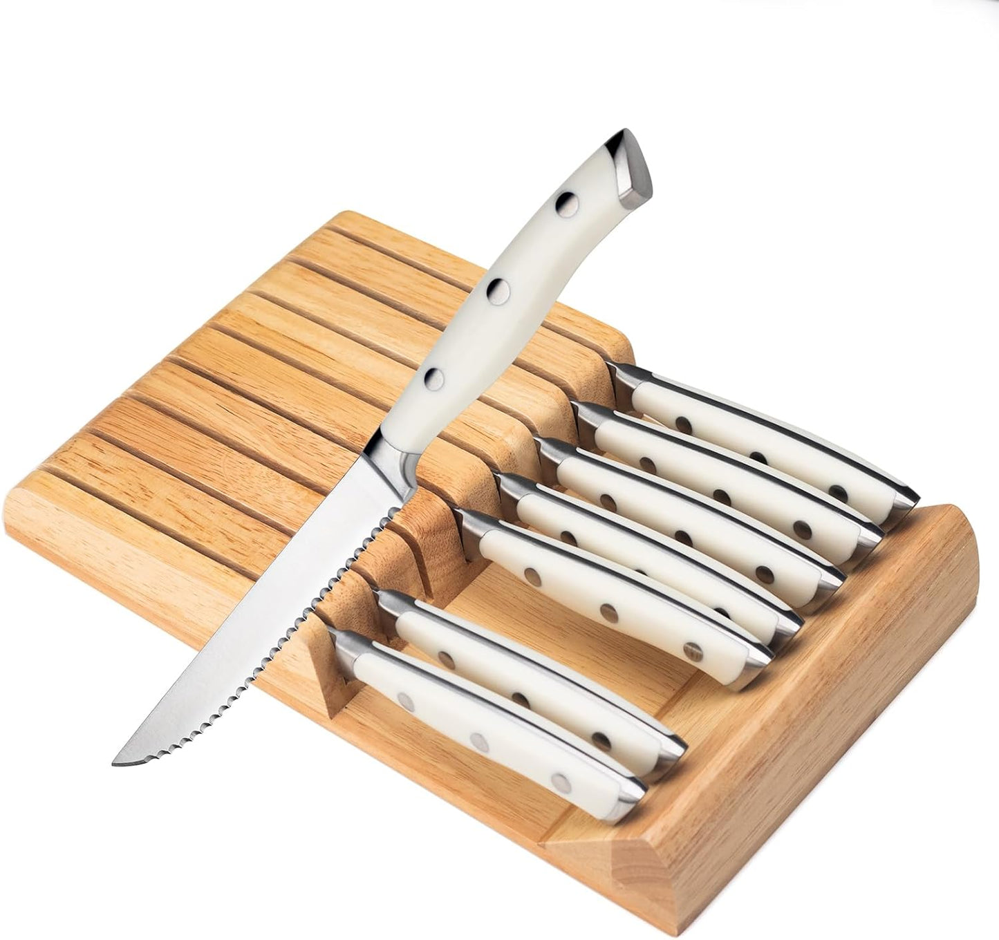6-Piece Steak Knives Set with Block, 4.7 Inch with Serrated Edge Razor-Sharp Dinner Knives, Full-Tang Construction