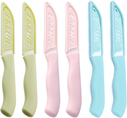 6 Pack Ceramic Paring Knife with Knife Cover, Lightweight Ceramic Knives, Fruit and Vegetable Small Knife (Mix)