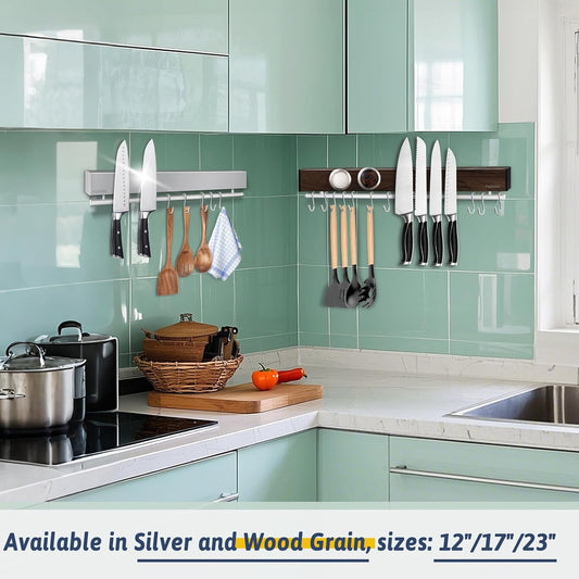 17 Inch Magnetic Knife Holder for Wall - Stainless Steel Knife Magnetic Strip No Drill with 10 Hooks/Adhesive Tape/Screws, Kitchen Utensil Holder, Magnetic Knife Organizer, Wall Mounted Knife Storage