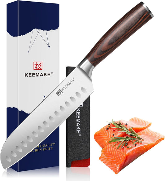 Chef Santoku Knife - 7 Inch Ultra Sharp Kitchen Knife with Stainless Steel Blade for Cooking Meat Fruit Vegetable with Ergonomic Pakkawood Handle and Gift Box Included