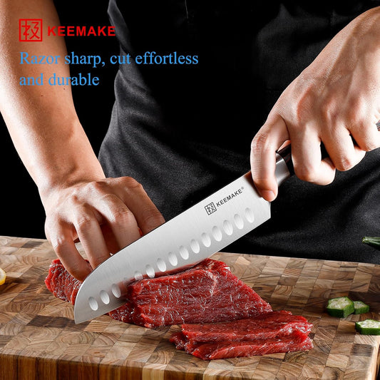 Chef Santoku Knife - 7 Inch Ultra Sharp Kitchen Knife with Stainless Steel Blade for Cooking Meat Fruit Vegetable with Ergonomic Pakkawood Handle and Gift Box Included