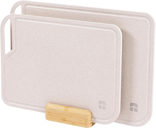 Rice Fiber Cutting Board Set with Stand, 2-Piece, Bamboo | Juice grooves, handles, 13.5x9.5in and 15.5x11in boards, cooking prep