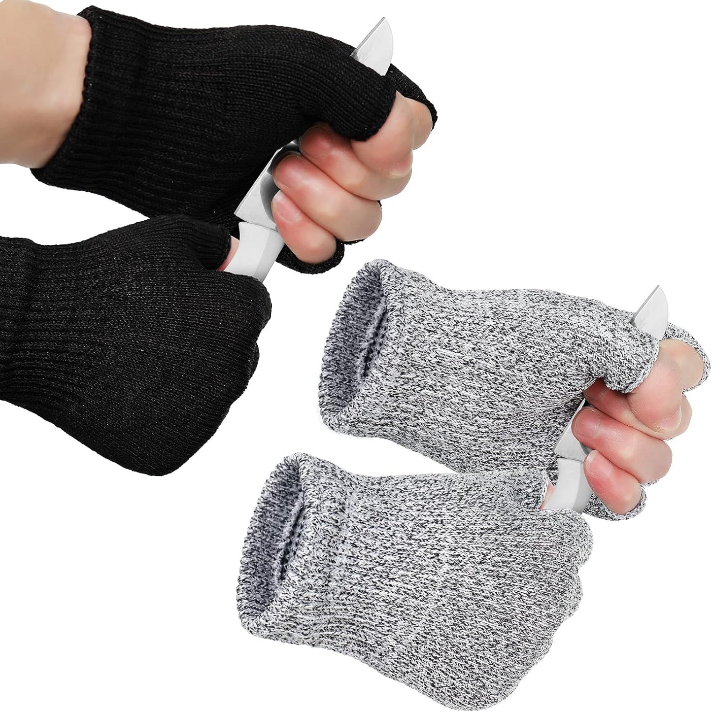 2 Pair Fingerless Cut Resistant Gloves Kitchen Cutting Glove Food Grade Gloves for Chef Mandolin Slicing(Grey and Black)