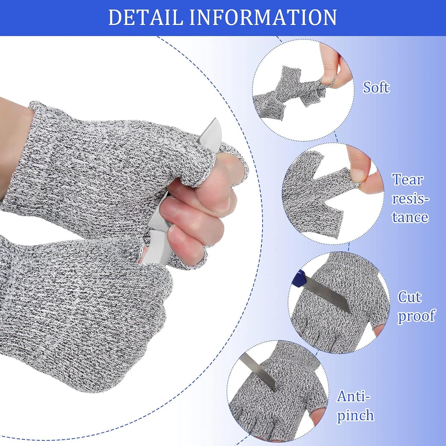 2 Pair Fingerless Cut Resistant Gloves Kitchen Cutting Glove Food Grade Gloves for Chef Mandolin Slicing(Grey and Black)