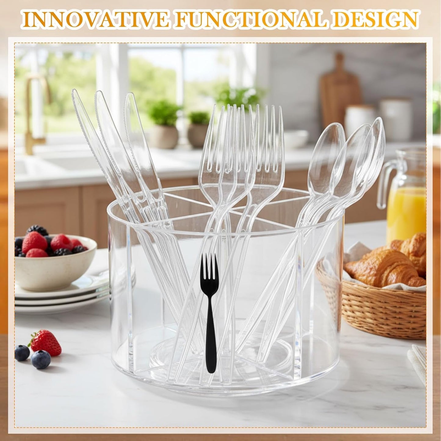 360° Rotating Acrylic Utensil Caddy, 4 Compartment Plastic Silverware Cutlery Holder Countertop Flatware Storage Organizer for Kitchen Office Desk Picnic Camping Party