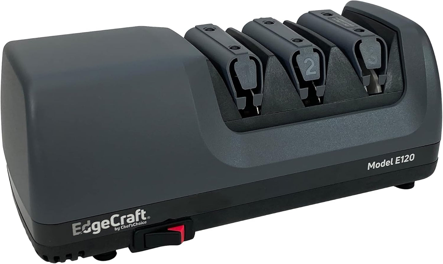 E120 Electric Knife Sharpeners for 20-Degree Straight and Serrated Knives Diamond Abrasives Precision Angle Control, 3-Stage, Gray