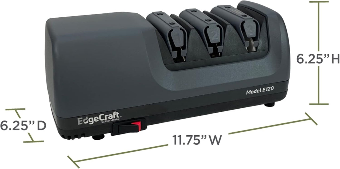 E120 Electric Knife Sharpeners for 20-Degree Straight and Serrated Knives Diamond Abrasives Precision Angle Control, 3-Stage, Gray