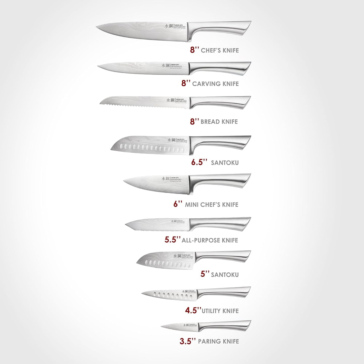 Damashiro Knife Block (Hiryu, 10-Piece Set) - Premium Japanese Steel Knife Set with Acacia Wood Block & Tempered Glass Window - Damascus-Inspired Blade