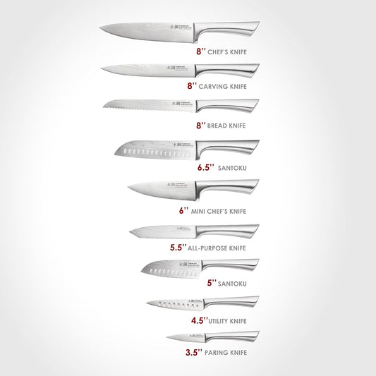Damashiro Knife Block (Hiryu, 10-Piece Set) - Premium Japanese Steel Knife Set with Acacia Wood Block & Tempered Glass Window - Damascus-Inspired Blade